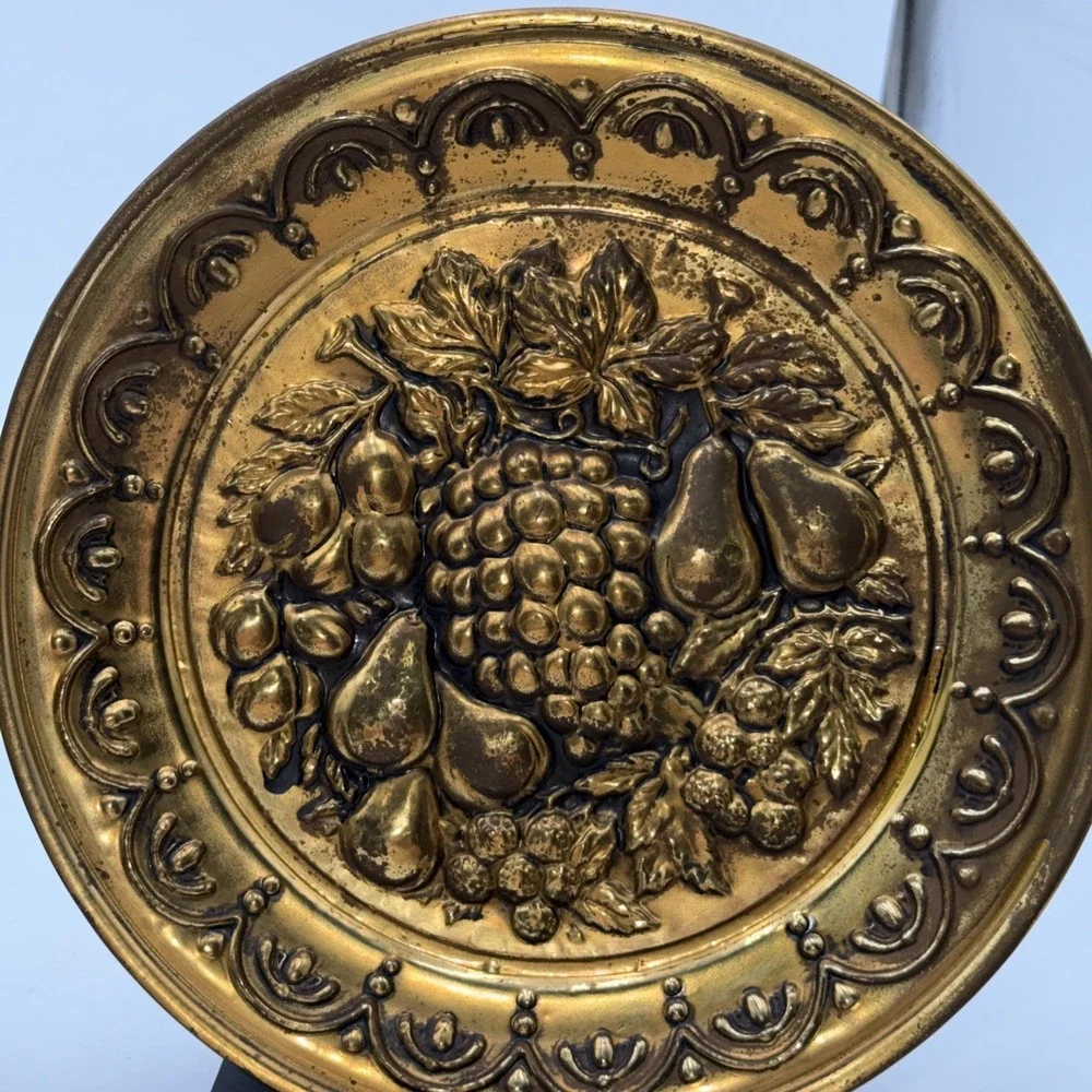 Vintage Brass Wall Plates Made in England Fruit Relief Pair 10.5